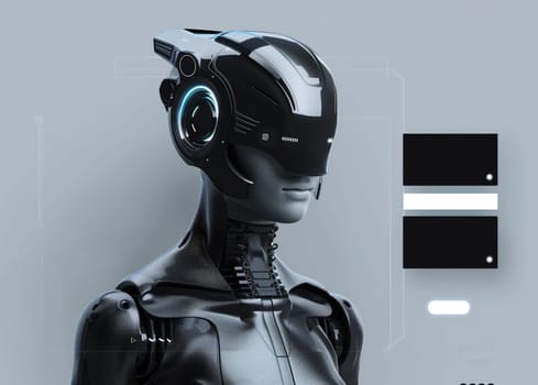Black Cyber Robot Portrait on grey Background with Place For Text.