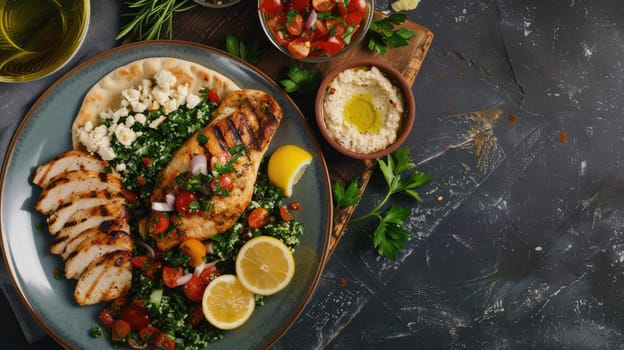 The table is filled with a variety of foods, from staple ingredients to leaf vegetables. Dishes from various cuisines are served on plates alongside fresh produce and tableware AIG50
