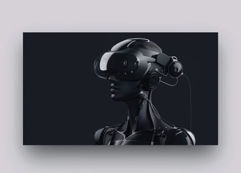 UX UI Web-Design Banner with Black Cyber Robot Portrait on Dark Background with Place For Text.