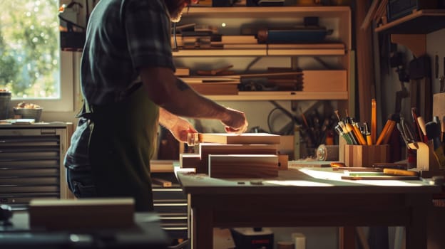 An experienced artisan carefully shapes wooden elements, demonstrating the art of fine woodworking in his cluttered workshop. AIG41