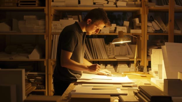 An architect works attentively on architectural drawings late at night in a dimly lit office, surrounded by models and blueprints. AIG41