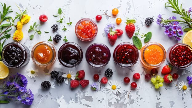 The table is adorned with a variety of colorful fruits and flowers, creating an artistic display of vibrant shades and sweet aromas AIG50