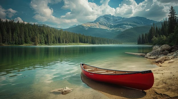 A red canoe is docked on the shore of a picturesque lake with majestic mountains towering in the background, surrounded by a serene natural landscape under a cloudy sky AIG50