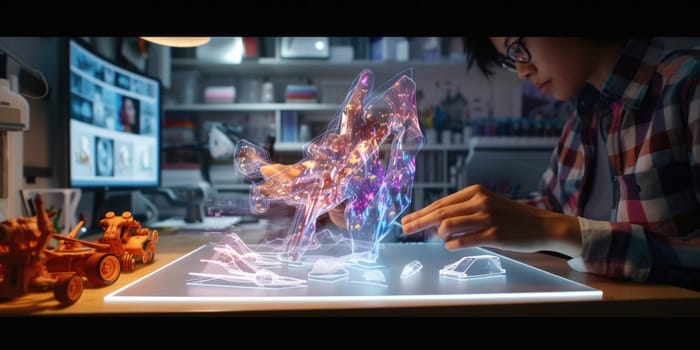 Professional digital engineer using Artificial intelligent and digital holographic to design product at modern studio. Attractive designer or inventor invent the creative innovation technology. AIG42.