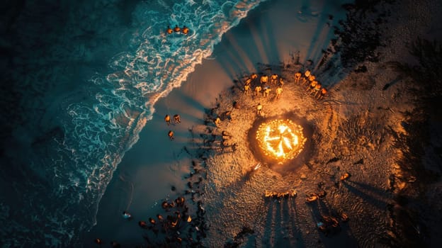 A circle of people gathers around a fire, seeking heat and comfort in the snowy landscape. The darkness enhances the art of the flames, creating a symmetrical and mesmerizing scene AIG50