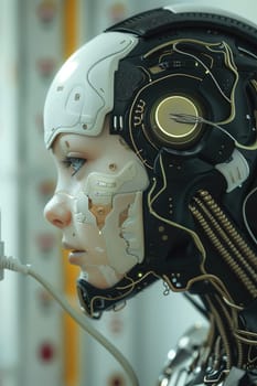 Detailed Profile of Female Robot with Golden Accents, elegant mechanical cyber charging.
