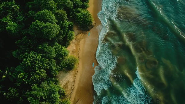 An aerial view of two individuals standing on the beach, overlooking the azure waters with surfboards in hand AIG50