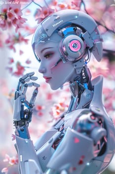 Futuristic Robot Among Cherry Blossoms cyber and life concept