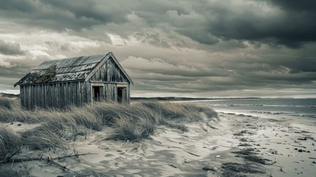 A small wooden house stands on a beach by the ocean under a cloudy sky, blending into the natural landscape with its rustic facade AIG50