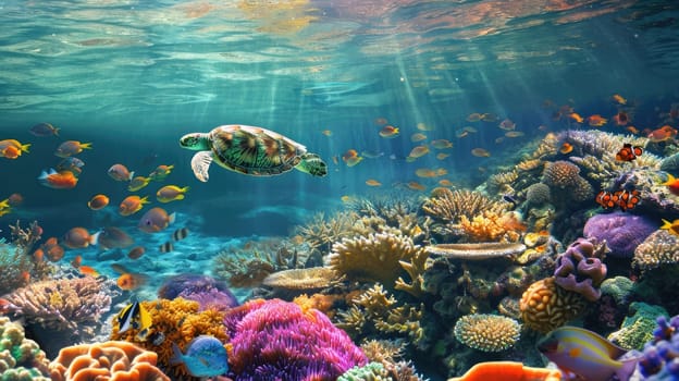 A sea turtle glides through the clear blue waters of a coral reef teeming with colorful marine life and diverse coral formations. Resplendent.