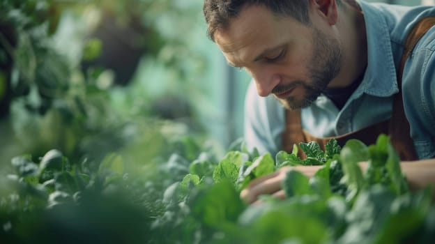 Close up of professional smart agricultural worker checking and inspecting plant. Attractive smart farmer taking care of agricultural product and harvest crop at green house. Farmer concept. AIG42.