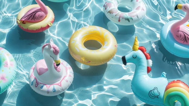 Colorful floats are drifting in the aqua water of a swimming pool, creating a vibrant and lively scene amidst the natural green landscape for leisurely activities AIG50