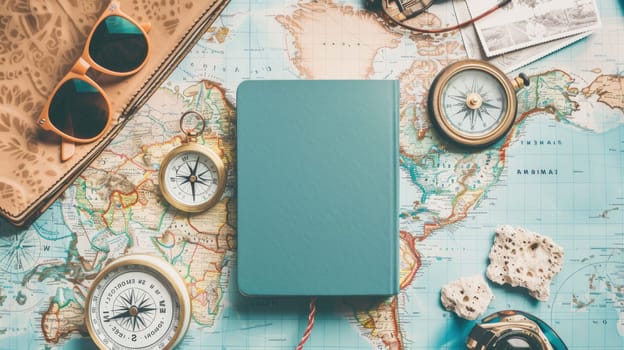 A green hat, aqua sunglasses, an electric blue compass, a watercolored notebook, and a map with an azure pattern on a circle design table AIG50