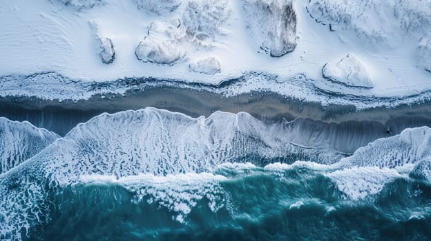 An aerial perspective of a frozen snowy cliff meeting the azure waters of the ocean, showcasing the beauty of this natural geological phenomenon AIG50