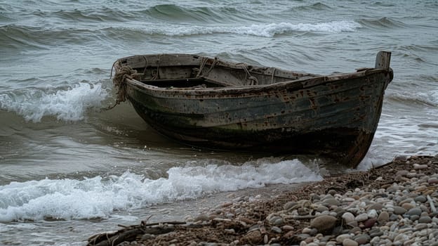 A watercraft is resting on the sandy beach amidst the vast ocean waters. The sky is filled with fluffy clouds and the wind waves gently AIG50