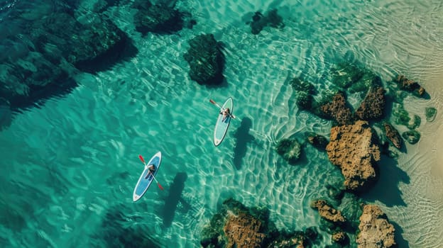 A mesmerizing aerial view of two kayakers gliding through the electric blue waters of the ocean, surrounded by marine life and underwater landscape AIG50