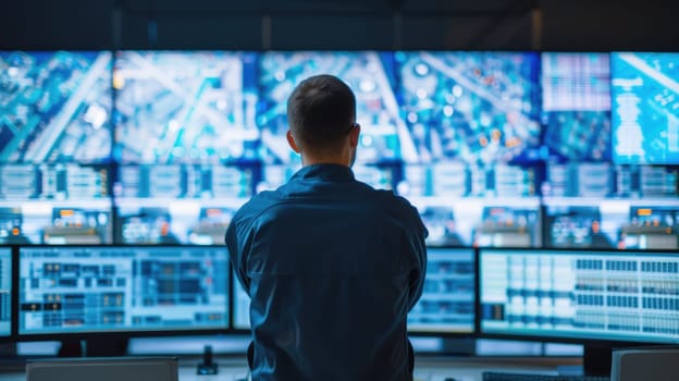 A man, wearing a hat and headphones, sits in front of a multimedia display device in a control room with an electric blue ambiance. AIG41