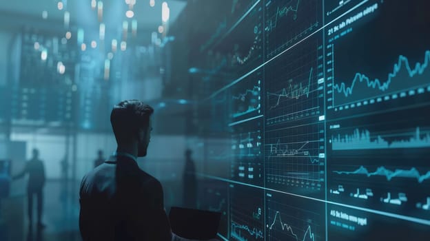 Back view of smart analyst looking at monitor display stock market statistic chart or financial graph. Professional businessman making decision for investment while planning marketing strategy. AIG42.