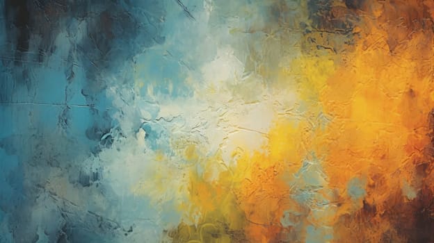 Abstract textured painting with a blend of cold and warm hues suggesting a chaotic fusion. The painting is dominated by three colors: yellow, blue, and red. The brushstrokes are energetic. AIG35.