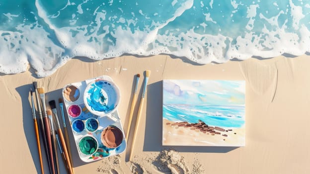 An art painting of a serene beach scene is placed on a wooden table. Brushes and paint are scattered nearby. The painting captures the beautiful sky and water AIG50