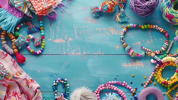 A creative arts product display featuring a wooden table topped with a variety of body jewelry items such as colorful bracelets and beads in magenta, aqua, and other vibrant colors AIG50
