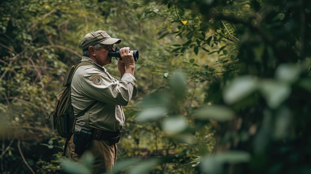Professional explorer looking around and holding binocular at dark forest. Attractive adventurer walking and looking surrounded with towering tree and planning to protect green environment. AIG42.