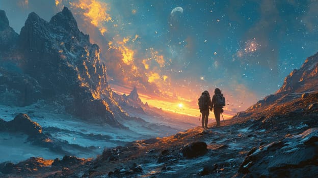 The side view of the couple astronaut human that has traveling to the various place on the land but yet it looks like human still trying to find something to be next target of the exploration. AIGX03.