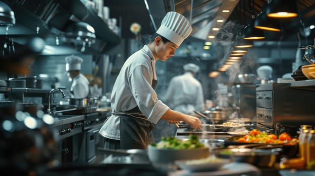Portrait close up of professional chef preparing food at modern kitchen. Skilled cook cooking and making a dish while standing in front of strove at modern restaurant. Gourmet cuisine concept. AIG42.