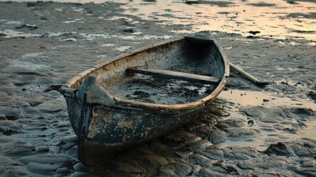 A wooden paddle rests on the sandy beach by the waters edge, surrounded by natural materials like rocks. Perhaps left behind by a kayaker exploring the lake AIG50