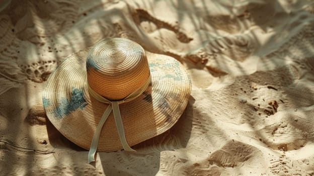 A straw hat rests on a sandy beach, blending in with the natural landscape composed of soil, wood, and aeolian landforms. Terrestrial animals and wildlife may be seen in this macro photography scene AIG50