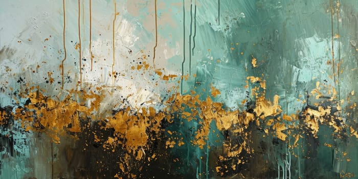 The abstract picture of the gold, green and yellow colour that has been painted or splashed on the white blank background wallpaper to form random shape that cannot be describe yet beautiful. AIGX01.