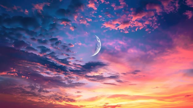 A beautiful sunset with a crescent moon in the sky. AIG51A.
