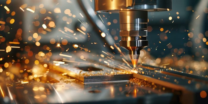Close up of professional worker hands holding industrail drill with sparkling from machine. Civil engineer cutting metal or using machine tool griding. Machine factory or industry concept. AIG42.