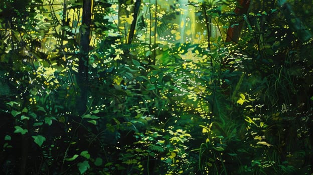 The sunlight filters through the conifer trees in the forest, painting a stunning landscape with evergreen foliage and freezing water shimmering on the grass and twigs AIG50