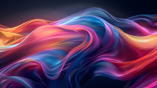 A vibrant closeup of a swirling wave with hues of purple, pink, magenta, and violet on a dark background, resembling a colorful liquid art piece in the sky