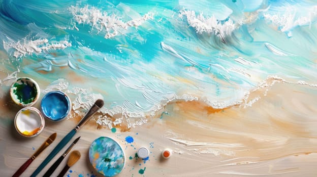 An art painting of a serene beach scene is placed on a wooden table. Brushes and paint are scattered nearby. The painting captures the beautiful sky and water AIG50