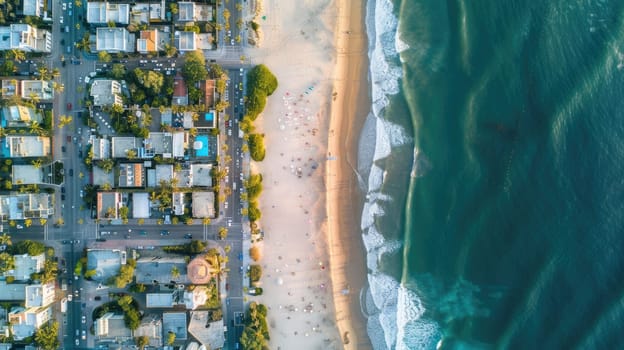 An aerial view of a city by the waterfront showcasing urban design, architectural buildings, and natural landscapes including condominiums, houses, and art installations AIG50
