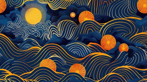 Textile sleeve featuring an intricate pattern of suns, moons, and swirls on a black background. The design incorporates elements of organisms, plants, and art in electric blue, aqua, and symmetry AIG50