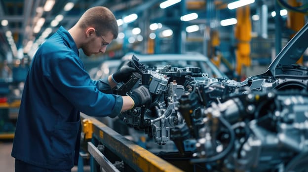 A man is working on an engine in an automotive factory, specializing in the production of motor vehicles and auto parts. AIG41