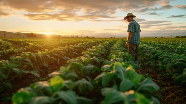 Professional farmer working while planting and checking crop at farm. Skilled agricultural worker walking at sunset or dawn while harvesting the crop and taking care crop at vegetable plot. AIG42.