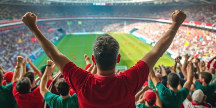 A fan at a soccer stadium excitedly raises his arms, immersed in the thrilling World competition event surrounded by lush green grass. AIG41