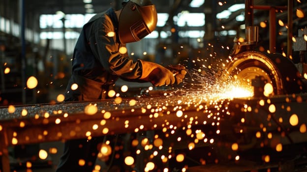 Smart industrial worker using steel welding machine welding steel at factory while wearing safety protection gear. Professional engineer cutting metal tube create spark. Manufacturing concept. AIG42.