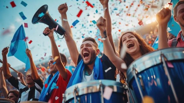 A jubilant crowd celebrates with musical instruments, smiles, and confetti in a stadium, adding to the happy atmosphere of this entertaining event. AIG41