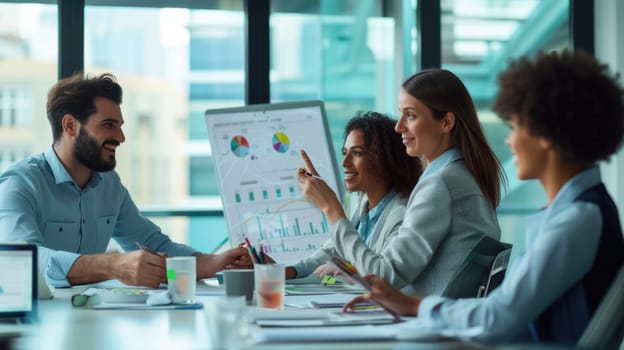 A group of business people is meeting in an office, sitting around a table in a room, sharing ideas and discussing plans. AIG41
