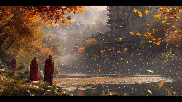 A monk contemplates beside a lake with autumn leaves and a temple backdrop. Resplendent.