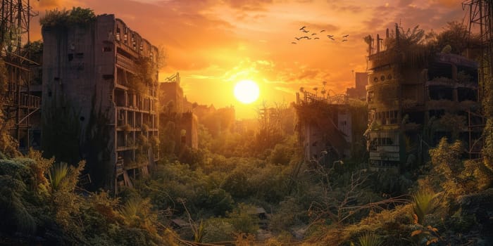 Sunrise brings light to an overgrown cityscape, where nature reclaims abandoned buildings in a scene of serene post-apocalyptic beauty. Resplendent.