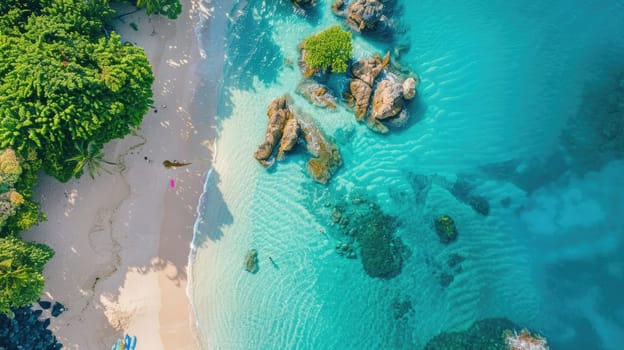 A stunning natural landscape featuring a beach lined with trees, surrounded by turquoise water. Perfect for a peaceful and relaxing travel destination AIG50