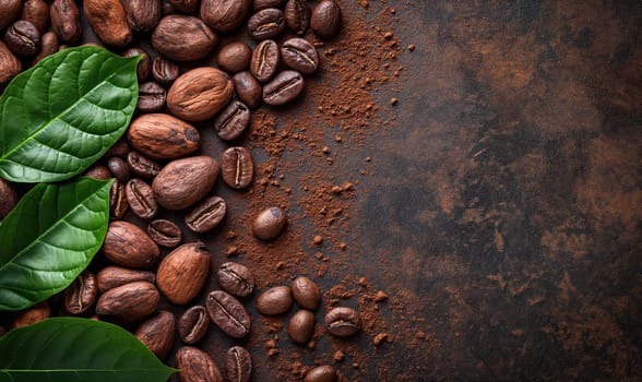 Coffee beans and green leaves arranged on a dark surface.
