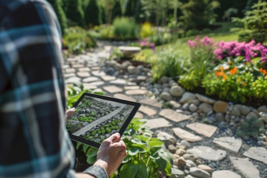 Smart architect holding tablet while record video at landscape in garden and analyzing building construction. Professional gardener looking at tablet while planning to plant flower at garden. AIG42.