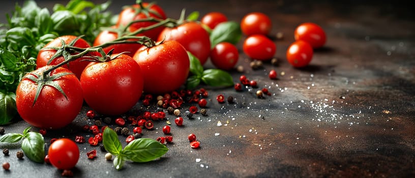 Group of ripe tomatoes and basil leaves arranged on a wooden table.